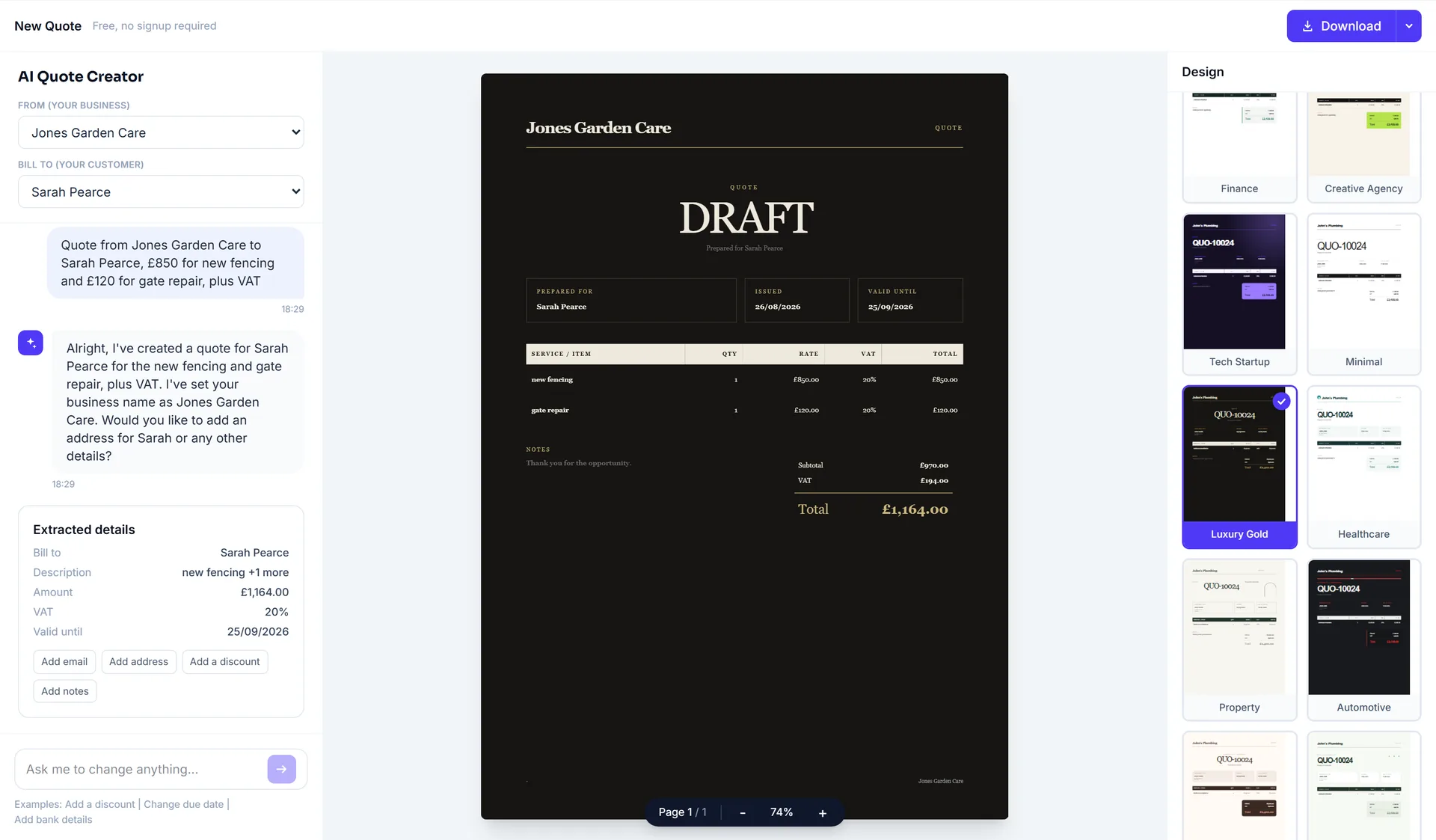 The AI Quote Creator: a message asking for a quote from Jones Garden Care to Sarah Pearce, 850 pounds for new fencing and 120 pounds for a gate repair plus VAT, the quote drawn beside it with a valid until date and a total of 1,164 pounds, and a choice of designs
