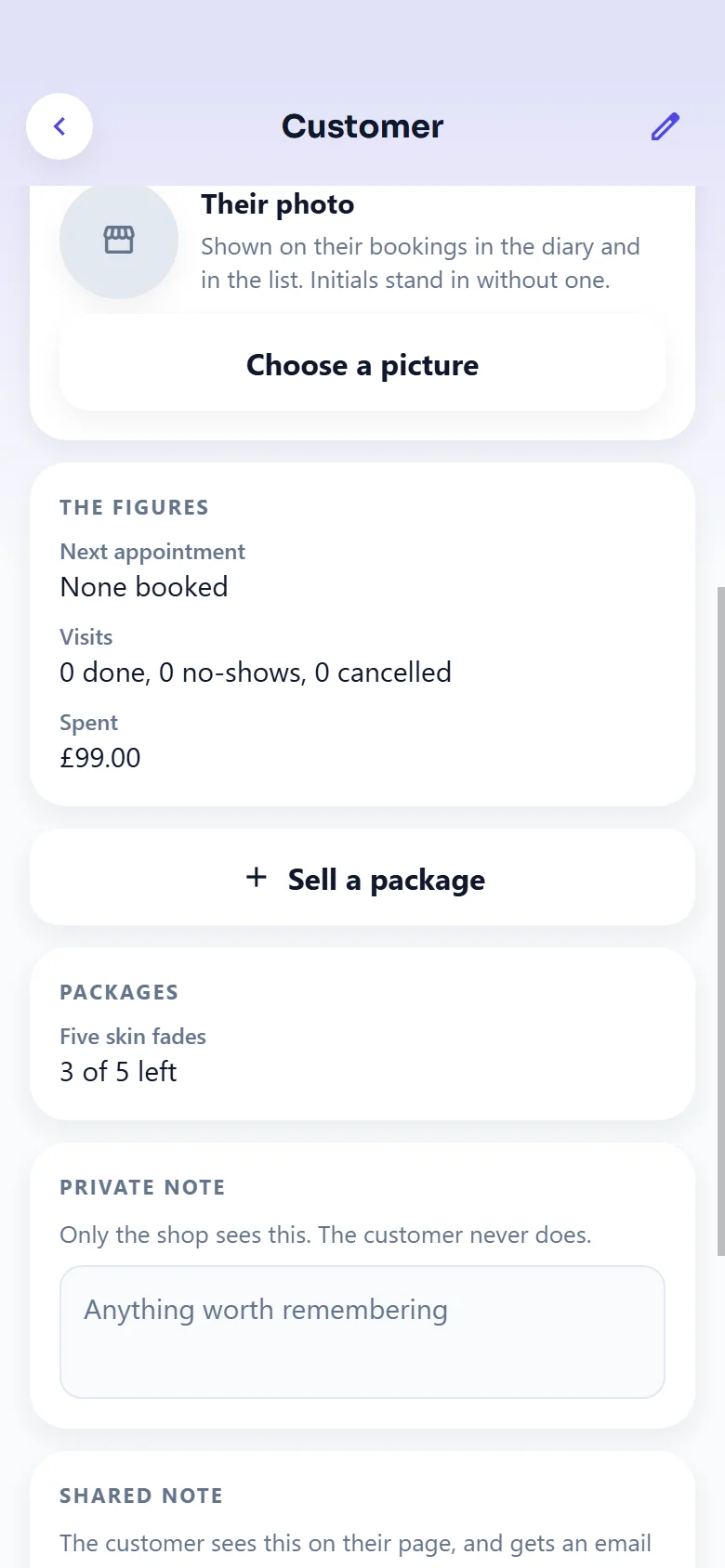 A customer's profile in the FullDiary app on a phone: what they have spent, Sell a package, and their package, five skin fades with 3 of 5 left