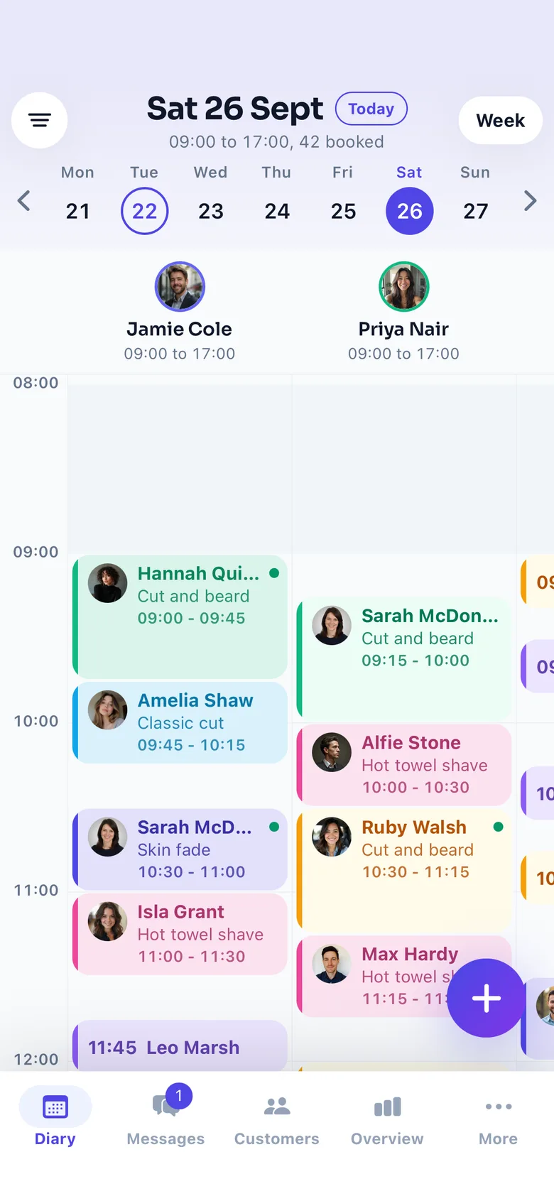 The FullDiary app's diary on a phone: Saturday 26 September, 42 booked, with a column each for Jamie Cole and Priya Nair and their appointments in colour