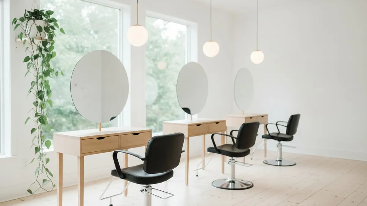 A bright hair salon with three styling chairs and round mirrors