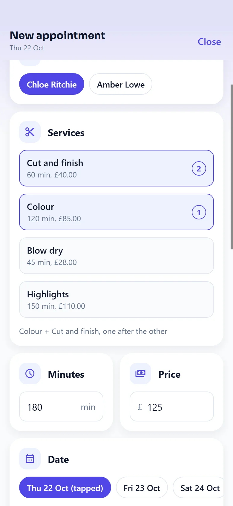 The New appointment sheet in the FullDiary app with Colour marked 1 and Cut and finish marked 2 in the list of services, the line Colour + Cut and finish, one after the other, and Minutes showing 180 and Price 125