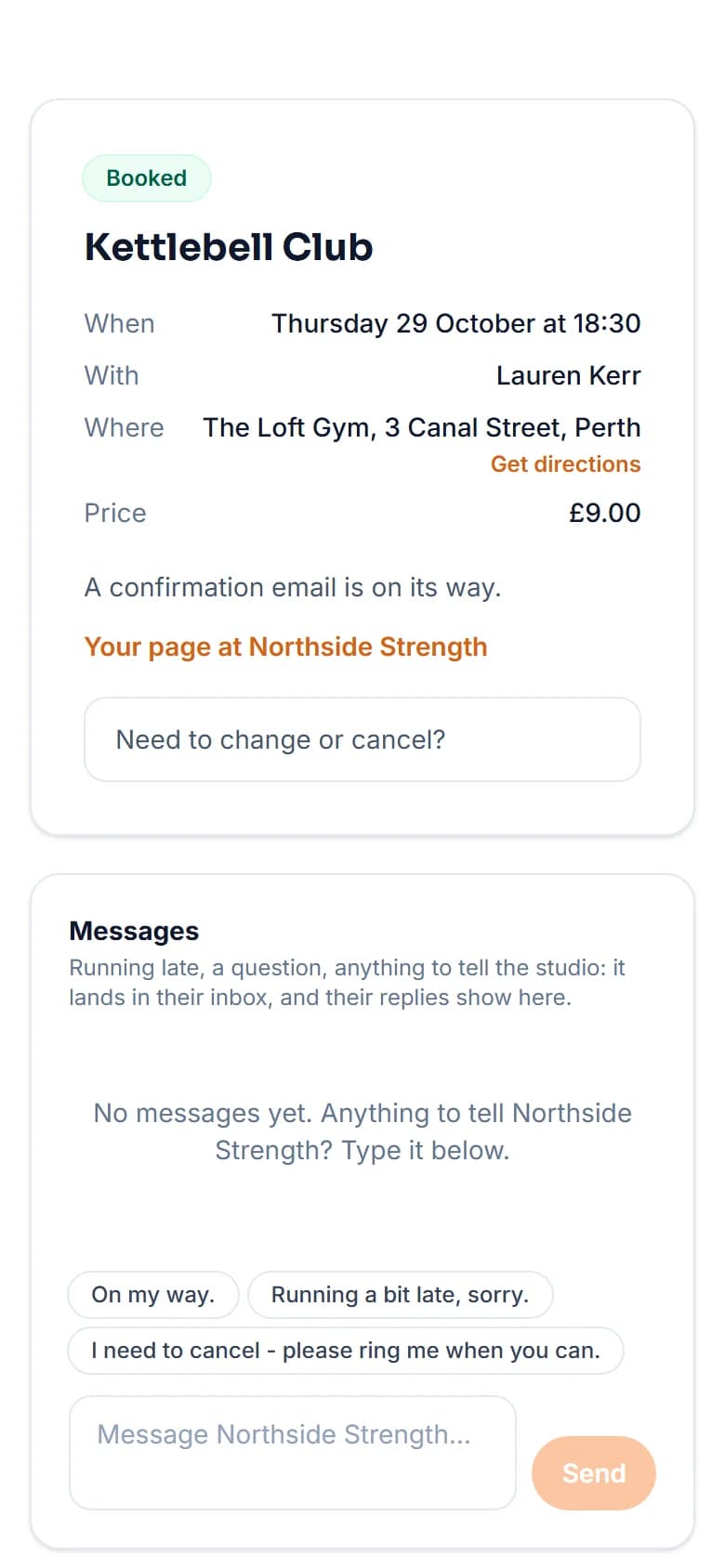 The booked page for a place in Kettlebell Club on Thursday at 18:30 with Lauren Kerr, with directions and a box to change or cancel