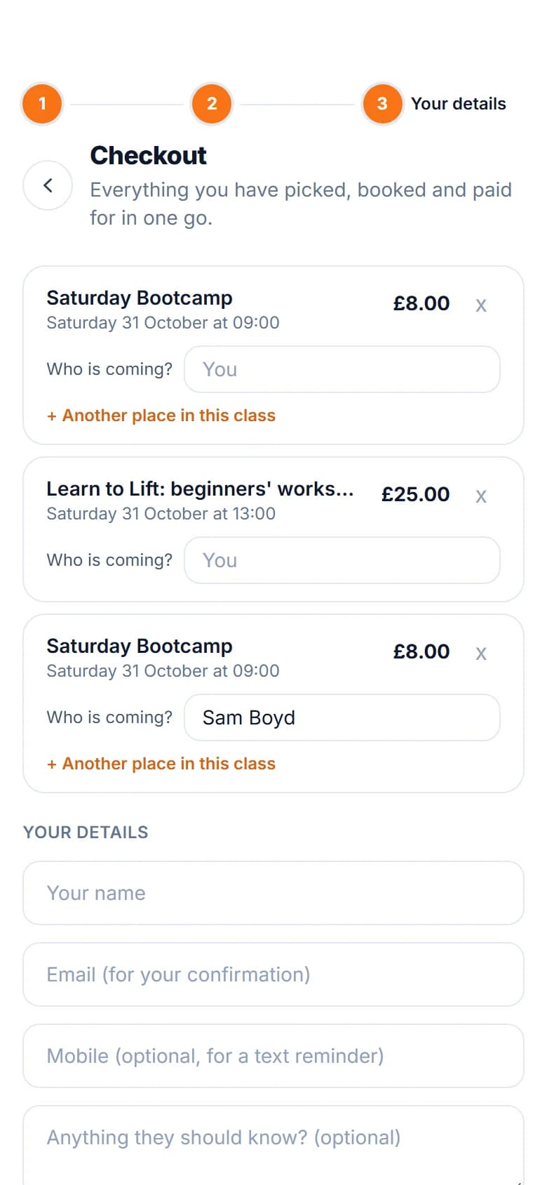 The checkout on a phone with two places in Saturday Bootcamp, one for the customer and one for Sam Boyd, and a place in the beginners' workshop, each with a Who is coming box
