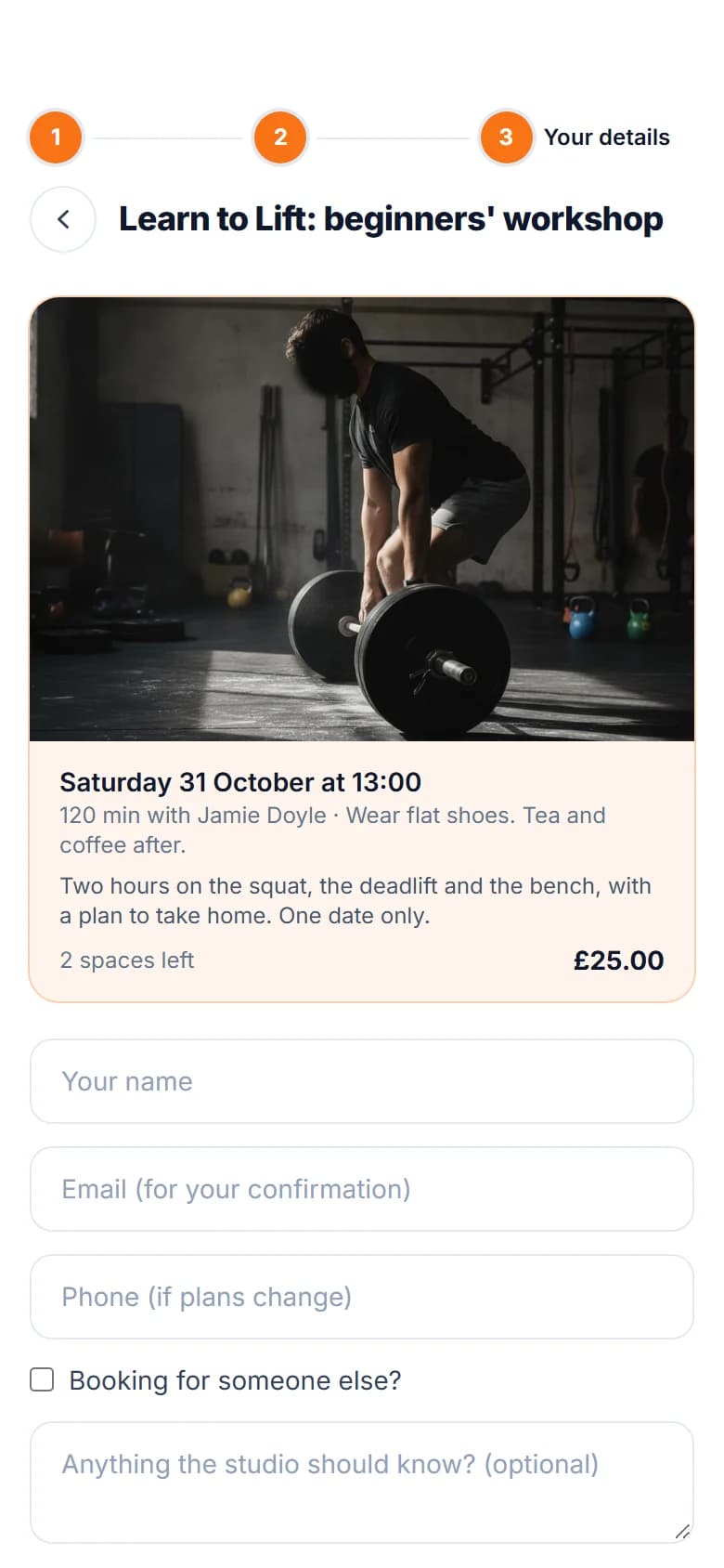 A one-off event on the booking page: Learn to Lift, a beginners' workshop on Saturday 31 October at 13:00, two hours with Jamie Doyle, 2 spaces left at 25.00