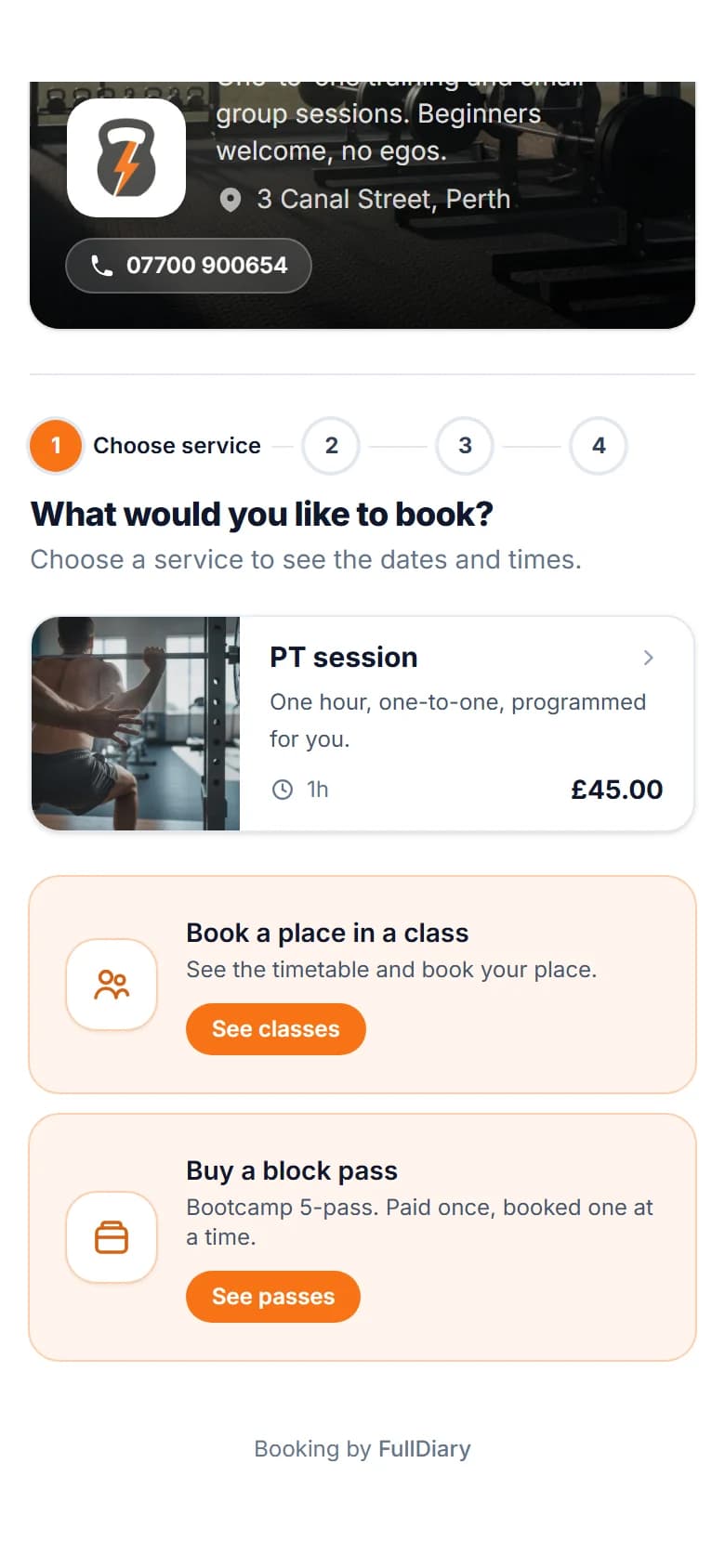 The booking page's first step, with a PT session to book and below it a Book a place in a class card and a Buy a block pass card