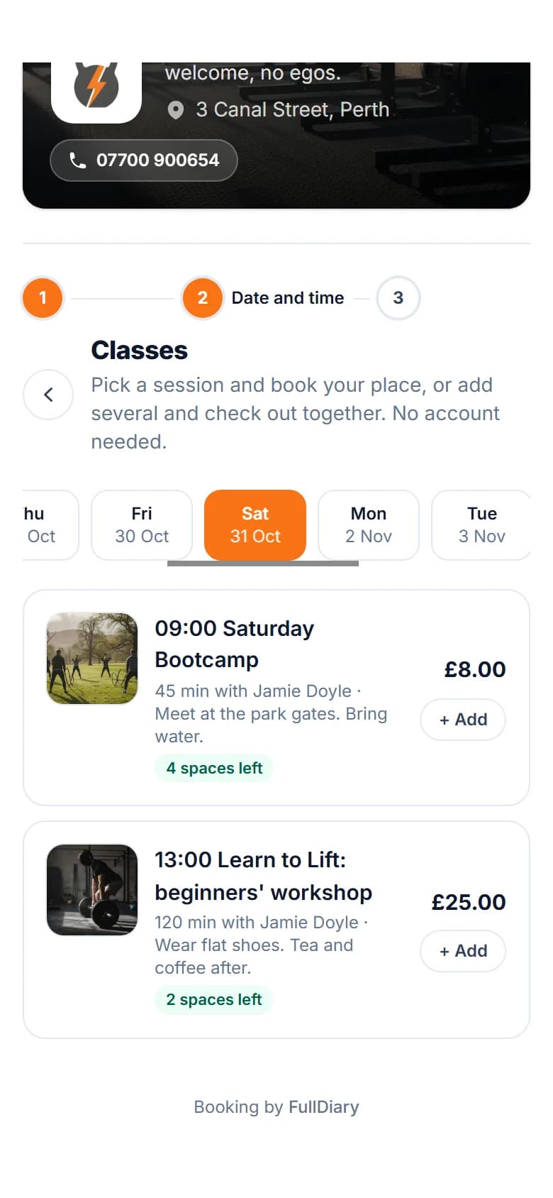 A strength gym's booking page on a phone, showing Saturday's classes: a 9am bootcamp with 4 spaces left and a 1pm beginners' lifting workshop with 2 spaces left, each with a photo, a price and an Add button