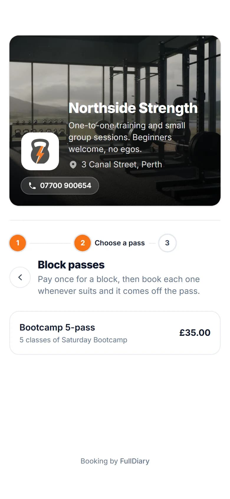 The booking page's block passes step, offering a Bootcamp 5-pass for 35.00