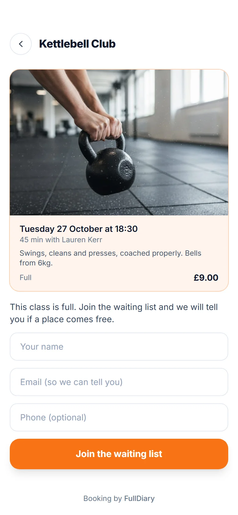 A full Kettlebell Club on Tuesday at 18:30 with the message that the class is full and a form to join the waiting list