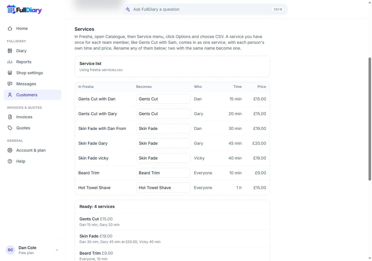 The Services step of Import customers on a computer: seven rows from Fresha's service list, such as Gents Cut with Dan and Gents Cut with Gary, each with the service it becomes, who it is for, its time and price, and under them Ready: 4 services, with Gents Cut at 15.00 for Dan in 15 minutes and Gary in 20