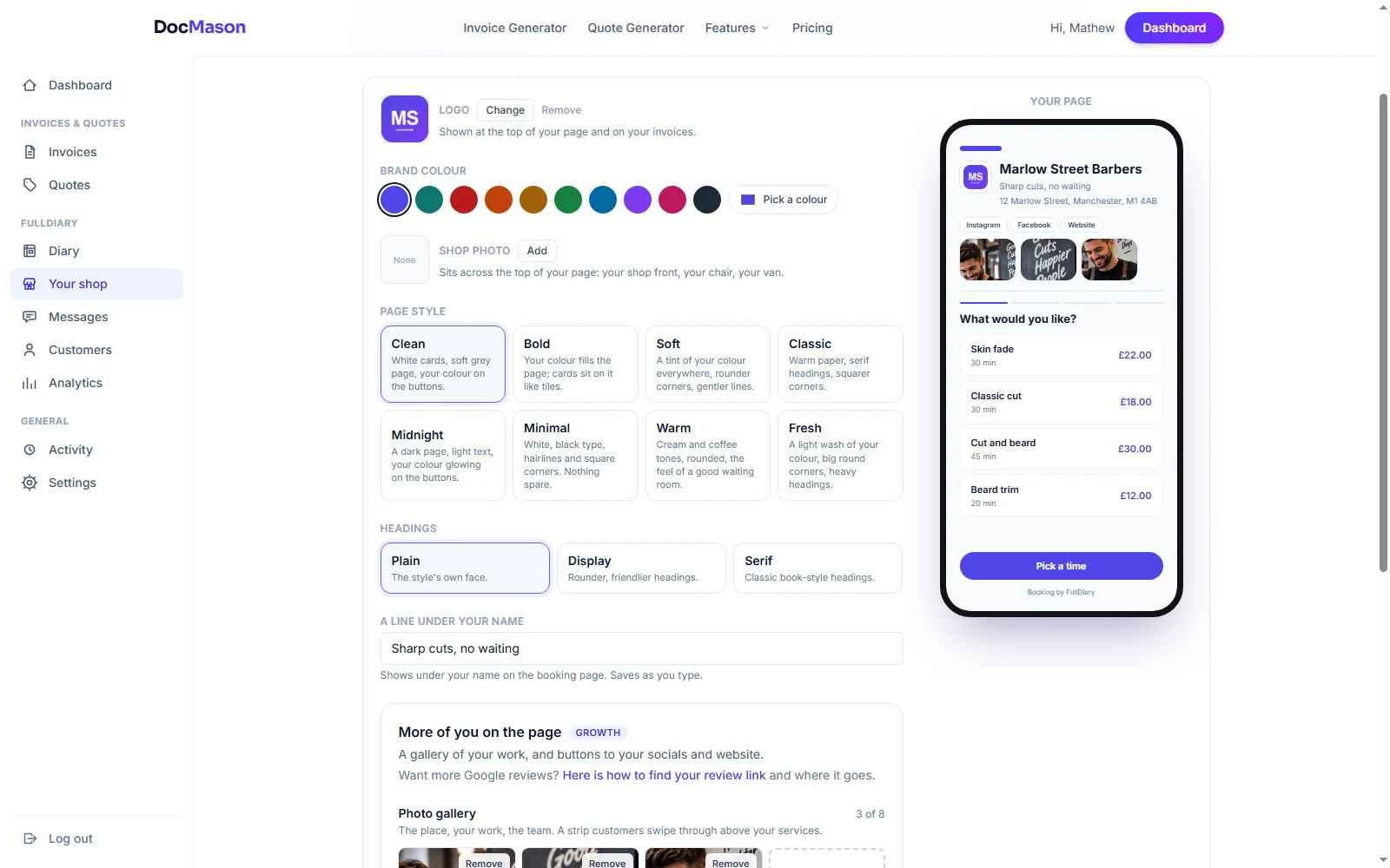 The Make it yours screen: brand colour swatches, the page styles, heading fonts and the line under the shop's name, with a phone preview of the booking page beside them