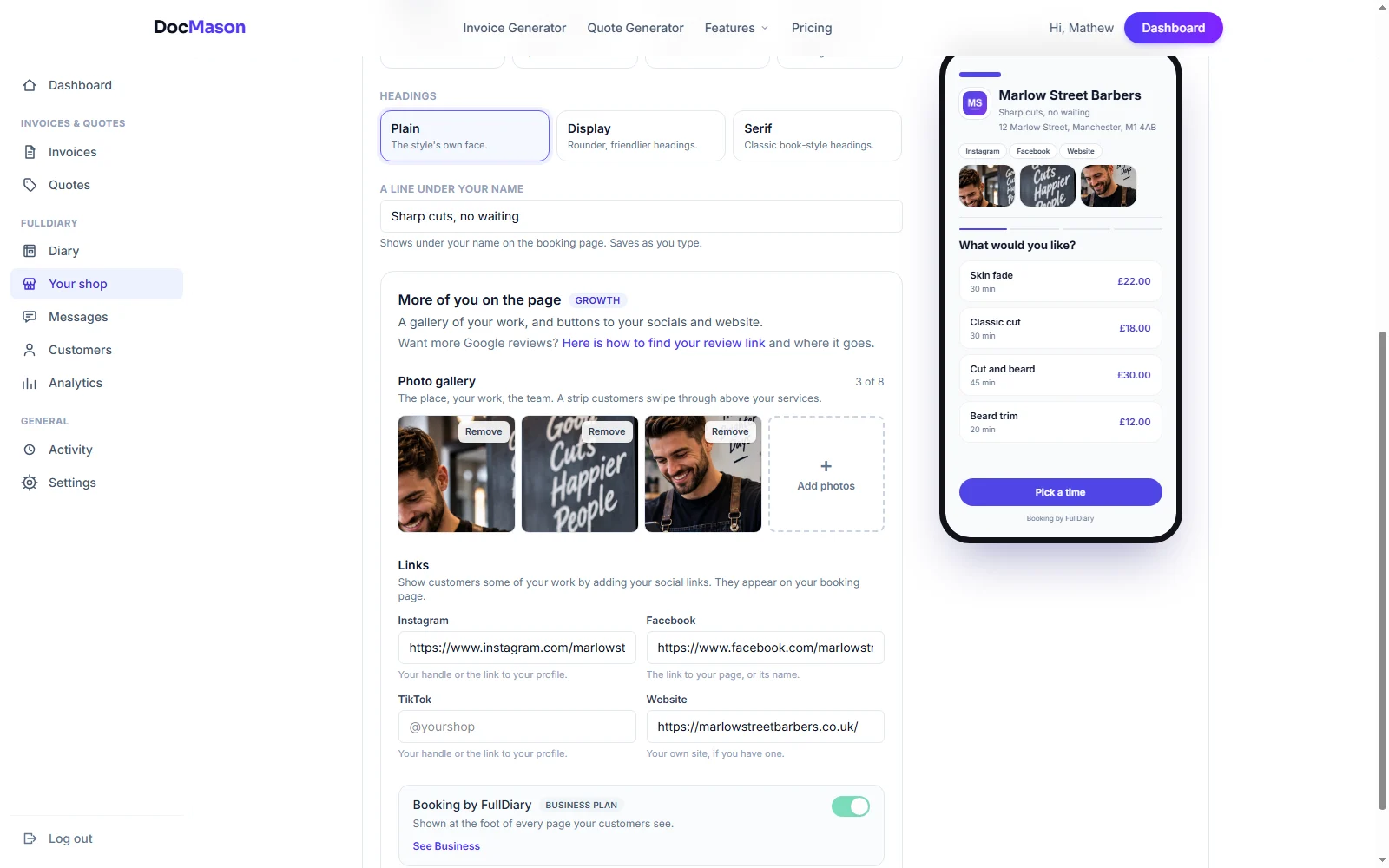 The Pro section of the same screen: photos of the shop with Remove buttons, and the Instagram, Facebook, TikTok and website link boxes