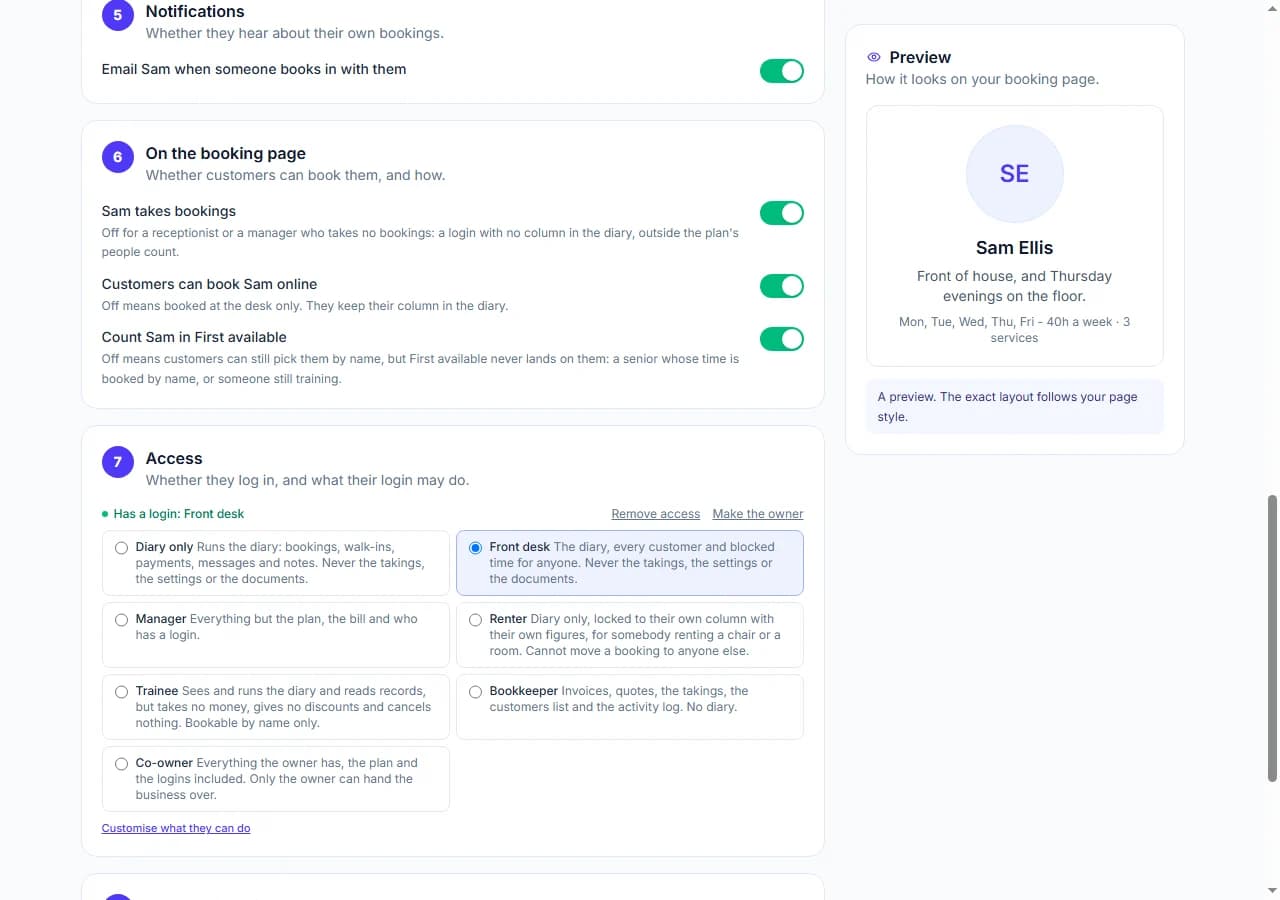 Editing Sam Ellis on a computer: the On the booking page section with Takes bookings, Customers can book online and Count in First available switches, and the What their login sees section with Only their own column and Hide customers' phone and email, each with a line explaining who it is for