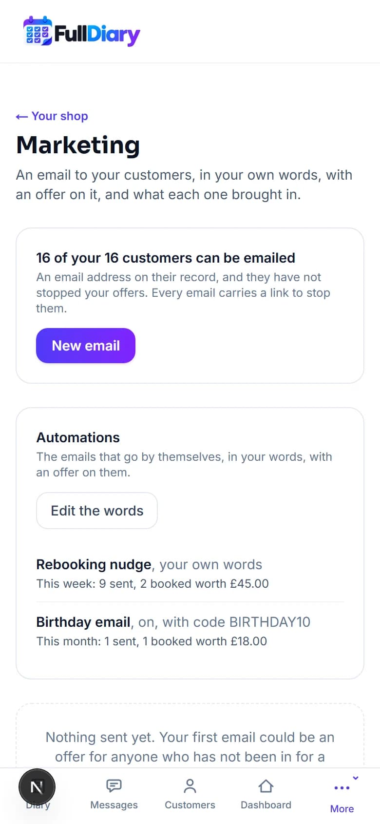 The Marketing page on a phone for Fade & Blade, with its Automations section: Rebooking nudge, your own words, this week 9 sent and 2 booked worth 45.00; Birthday email, on with code BIRTHDAY10, this month 1 sent and 1 booked worth 18.00