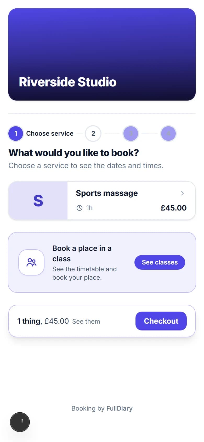 A booking page on a phone with the basket bar at its foot: 1 thing, £45.00, See them, and a Checkout button