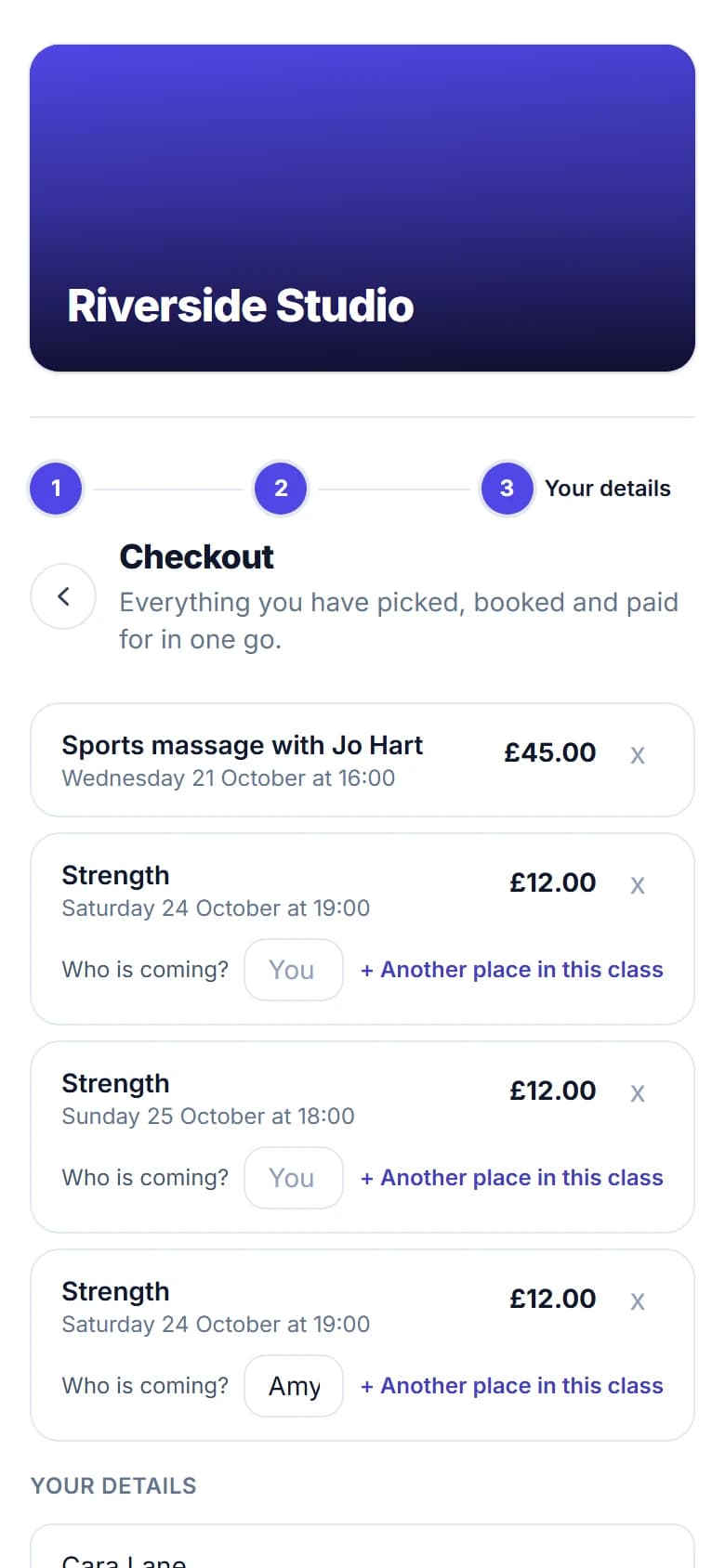 The checkout on a phone: a sports massage with its time and price, two class places each asking Who is coming, and a second place in a class with a friend's name typed in