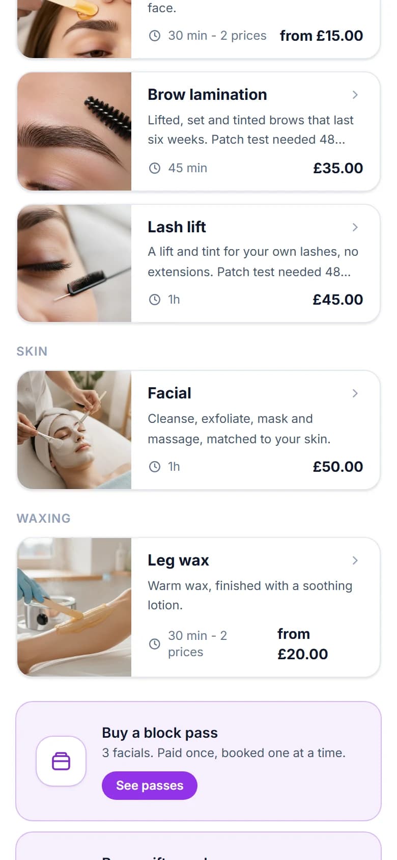 Glow Room's booking page on a phone: brow lamination and a lash lift, each noting a patch test is needed, then under Skin a one hour Facial for 50 pounds, under Waxing a leg wax, and a block pass of 3 facials