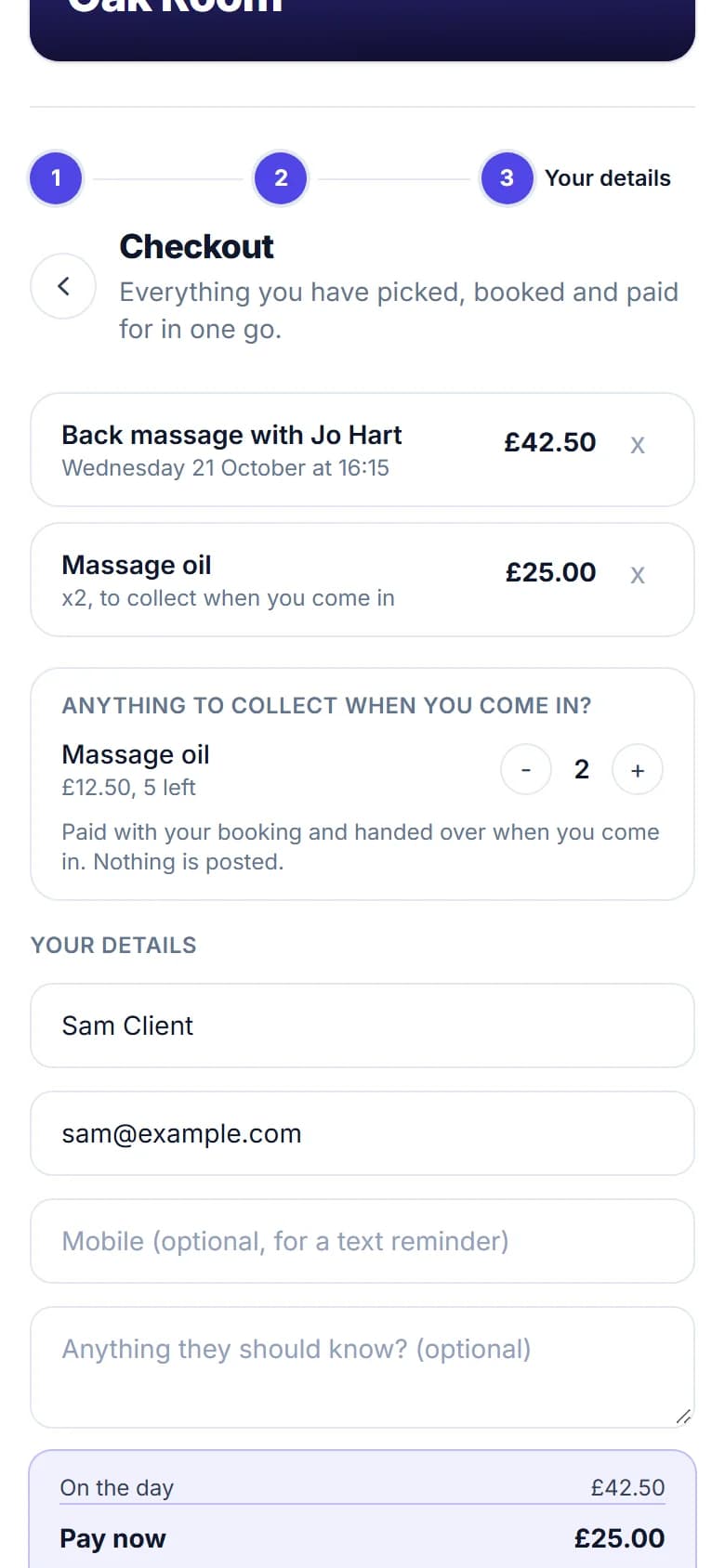 The checkout on a phone: a back massage, two bottles of massage oil to collect when you come in, and the Anything to collect when you come in? box with a minus, a 2 and a plus beside Massage oil
