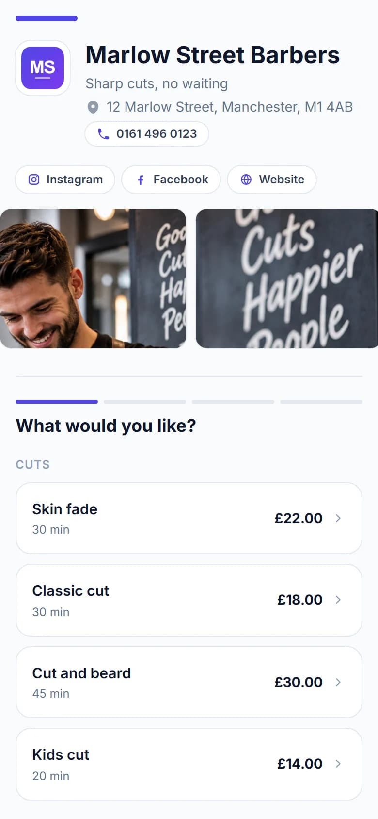 The same booking page on Pro: Instagram, Facebook and website buttons under the shop's name, and photos of the shop above the services