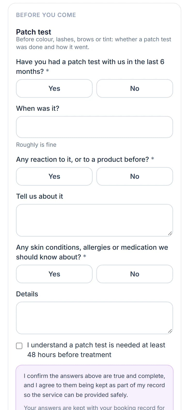 A Patch test form on a phone, asked on Glow Room's booking page for a lash lift: a patch test in the last 6 months, when it was, any reaction to it or a product before, skin conditions, allergies or medication, and a tick to agree a patch test is needed at least 48 hours before treatment