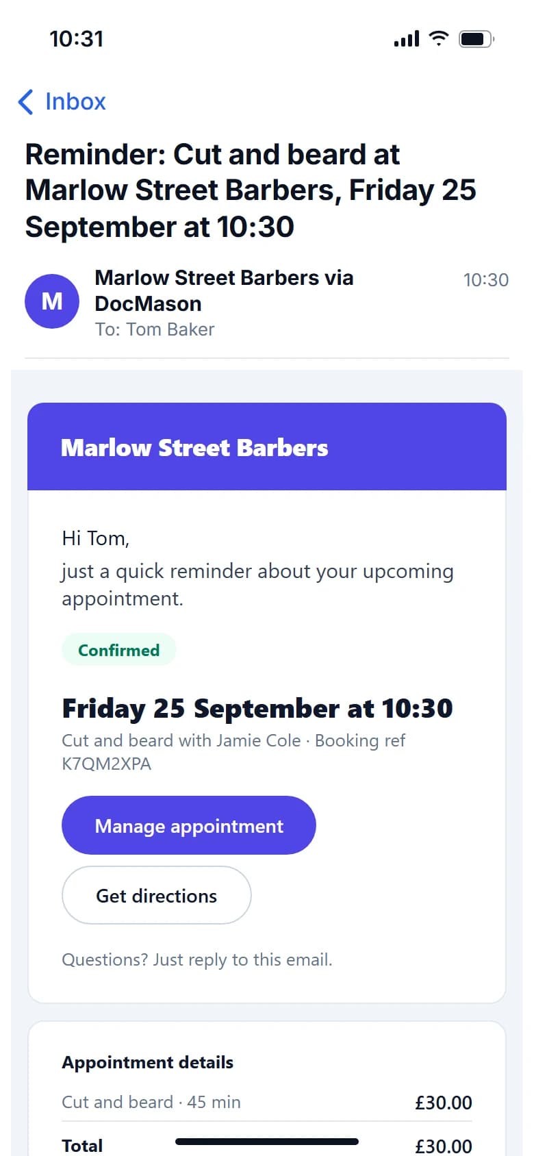 The reminder email open on a phone, with the time, the barber, Manage appointment and Get directions