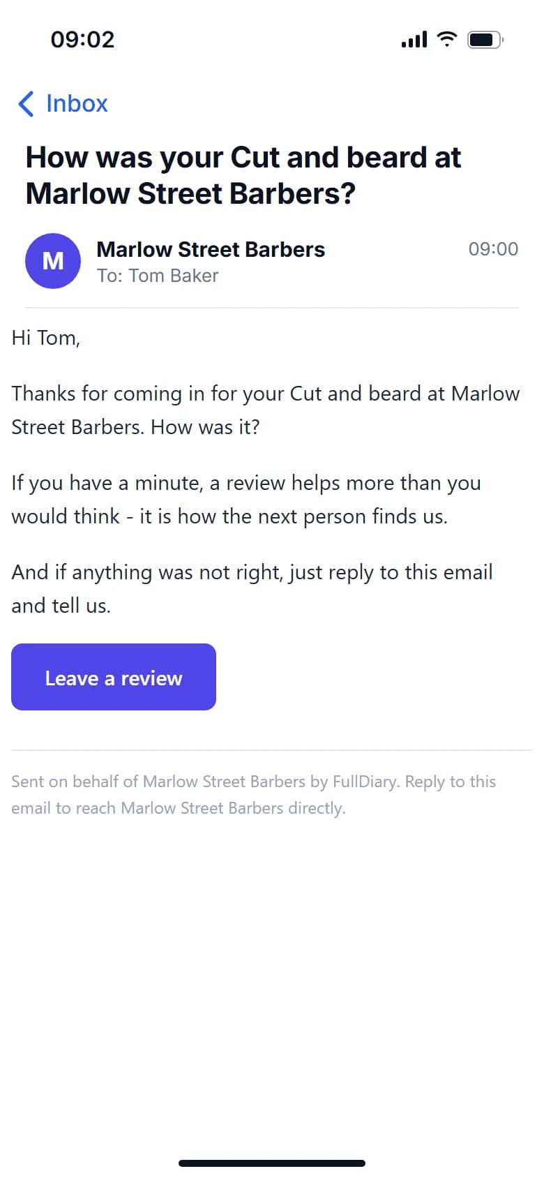 An email on a phone from Marlow Street Barbers the morning after a visit: How was your Cut and beard? Thanks for coming in, a review helps more than you would think, a Leave a review button, and reply if anything was not right