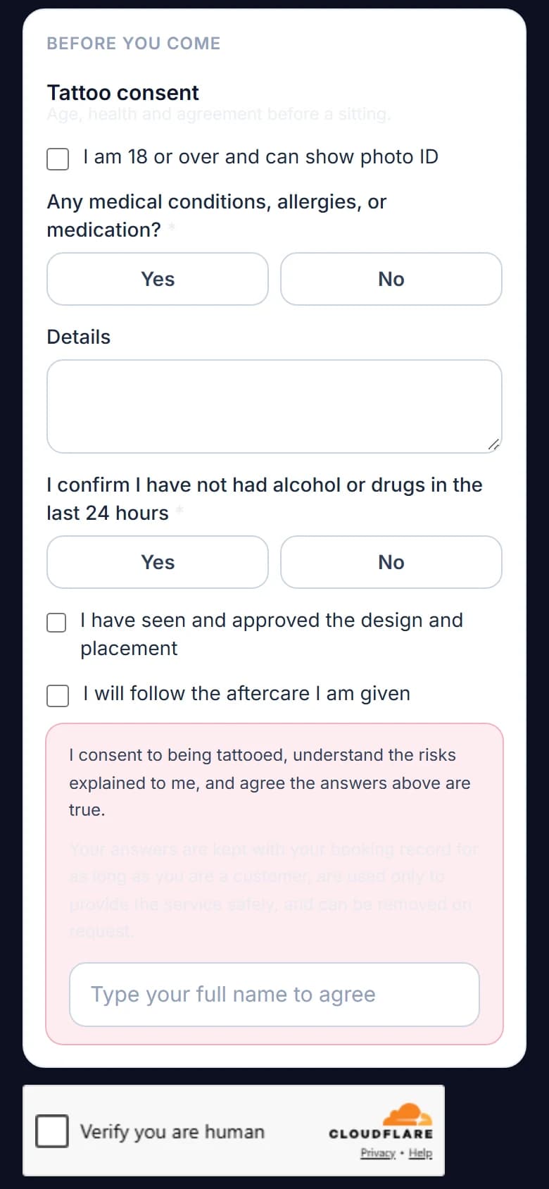 The Tattoo consent form on a phone, asked on Ink & Iron's booking page: I am 18 or over and can show photo ID, any medical conditions, allergies or medication, no alcohol or drugs in the last 24 hours, the design and placement approved, the aftercare, and a box to type a full name to agree