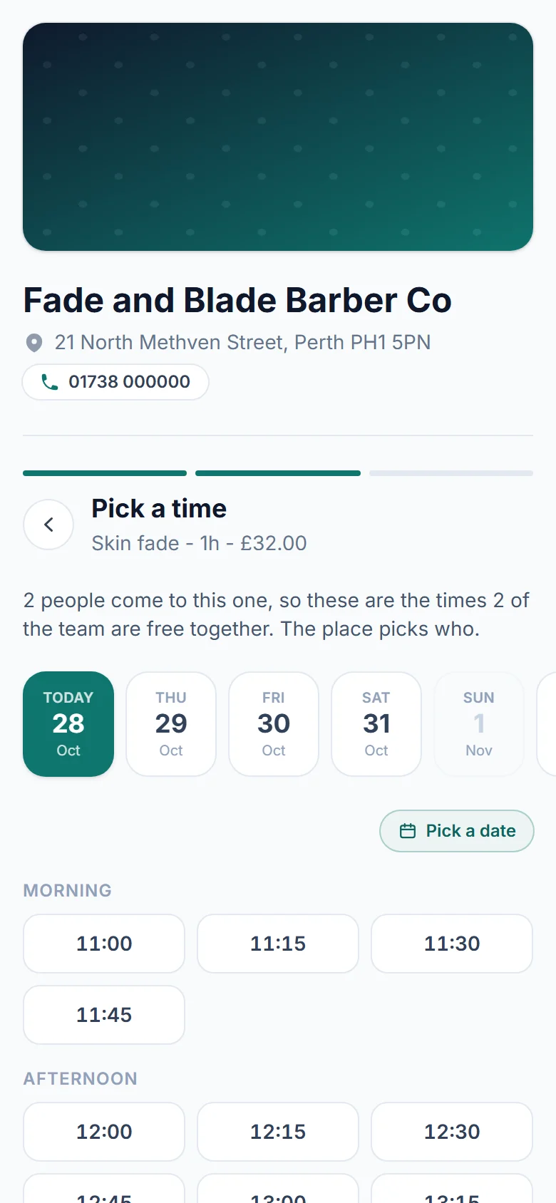 The booking page on a phone for Fade and Blade Barber Co at Pick a time for Skin fade, 1h, 32.00: the line 2 people come to this one, so these are the times 2 of the team are free together, the day strip, and the morning and afternoon times