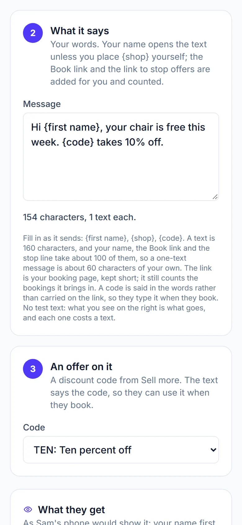 The campaign editor on a phone: the What it says section with the message Hi {first name}, your usual chair is free this week. Book in and {code} takes 10% off., the count of characters and texts under it, and the note on what fills in as it sends