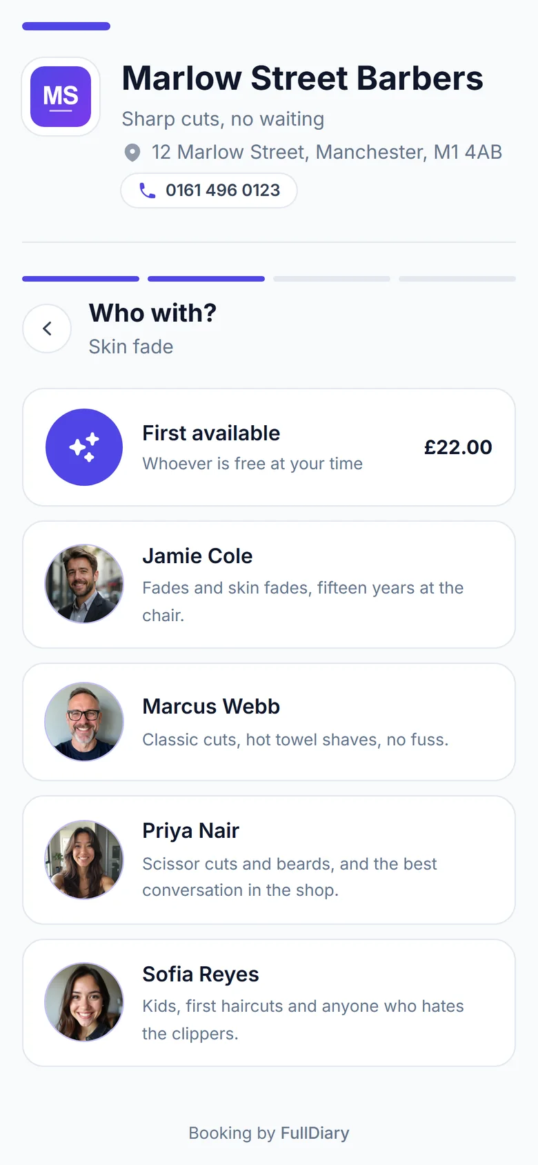 Step two: choosing who with, each barber with a photo and a line about them, or first available