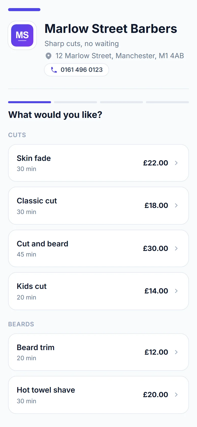 The booking page in the Clean style