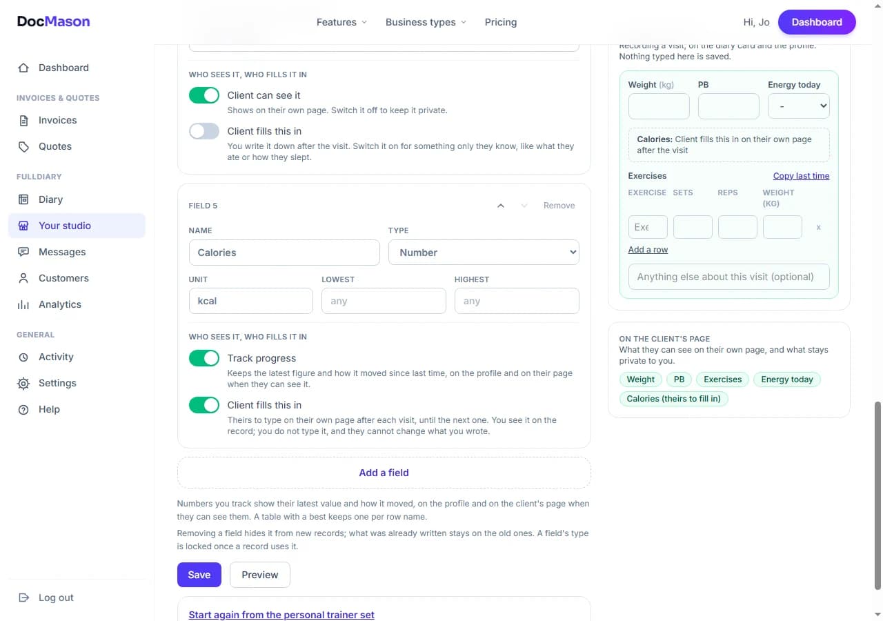 Your shop, Visit records, on a computer for a personal trainer: the Energy today pick list, the Calories field with Client fills this in switched on, the Save and Preview buttons, and beside them the record form as the shop sees it and the list of fields the client sees