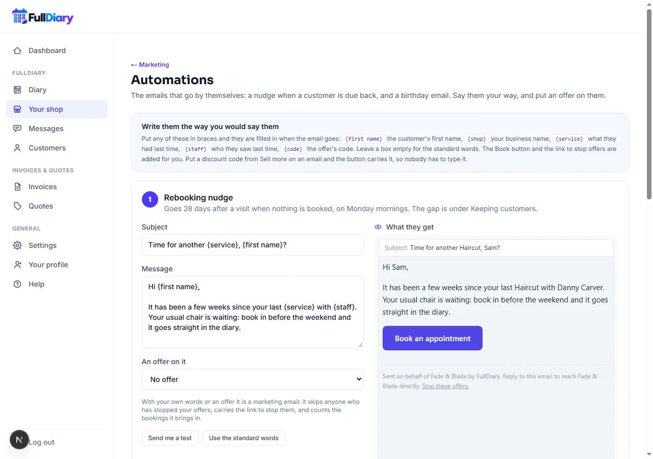The Automations page on a computer for Fade & Blade: the rebooking nudge, which goes 28 days after a visit, with its own subject, Time for another {service}, {first name}?, and message beside the email as Sam would get it, Time for another Haircut, Sam?, with a Book an appointment button and a Stop these offers link