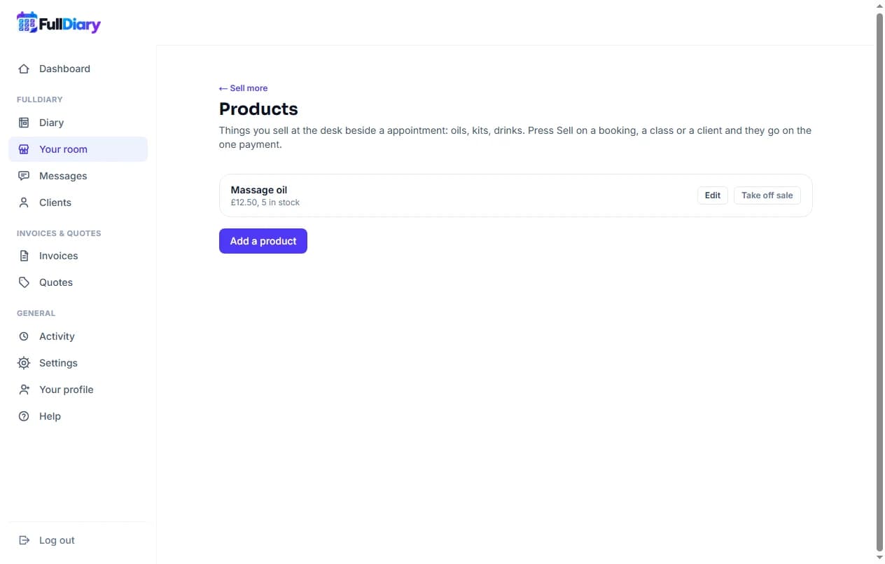 The Products page under Sell more with Massage oil listed at 12.50, 5 in stock, and an Add a product button