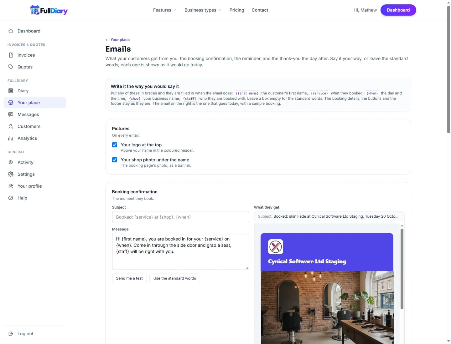 The Emails page under Your shop: a card for the booking confirmation and one for the reminder, each with a subject box and a message box showing the standard words as the example, a Send me a test button under each, and a note at the top listing the placeholders that fill in the customer's first name, the service, the day and time, the shop and the staff