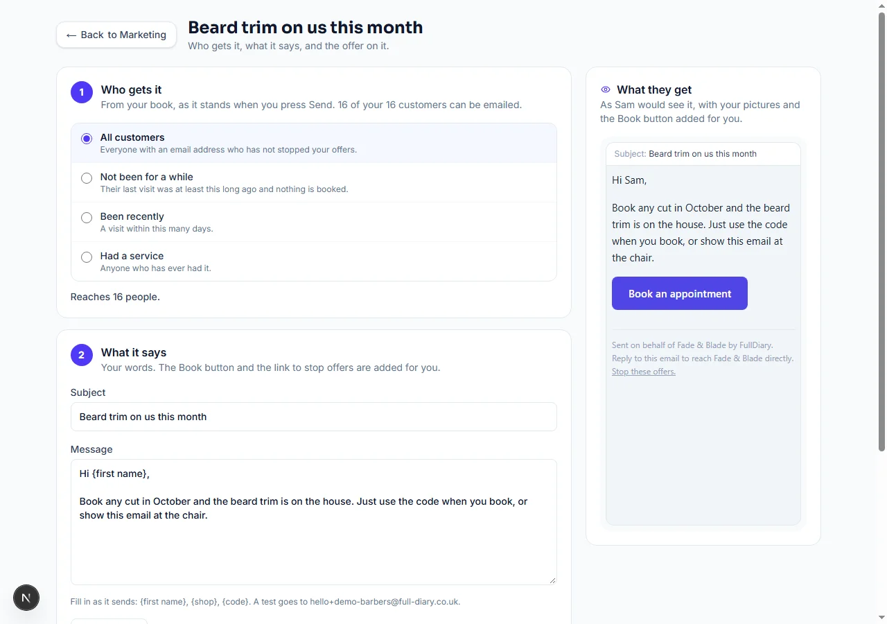 The campaign editor on a computer: Who gets it with All customers chosen and Reaches 16 people, What it says with the subject Beard trim on us this month and a message to {first name}, and on the right the email as Sam would get it from Fade & Blade, with a Book an appointment button and a Stop these offers link