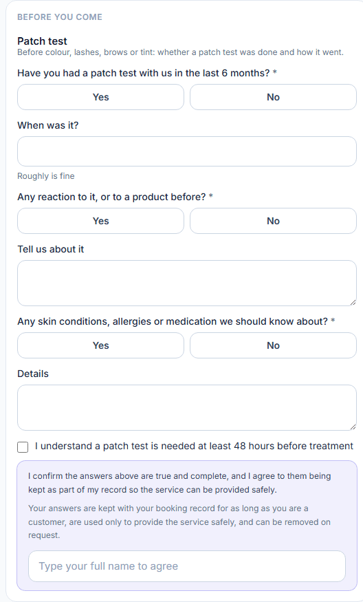 A patch test form on the booking page: yes or no questions, the agreement and a typed name