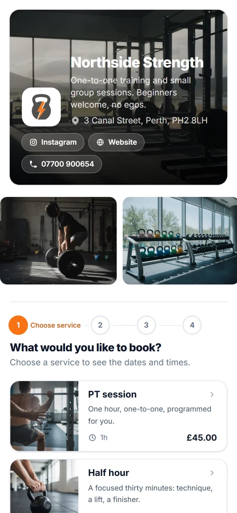 A personal trainer's booking page on a phone: Northside Strength, one-to-one training and small group sessions, with a PT session for 45 pounds and a half hour session to book