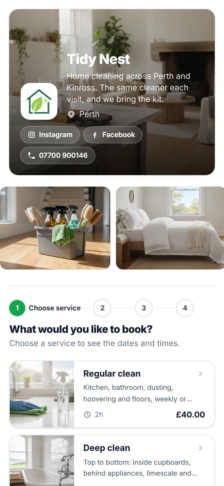 Tidy Nest, a home cleaner's booking page in green: a bright clean kitchen and living room across the top with the logo and links, a cleaning caddy and a made bed in the gallery, and cleans with pictures and prices