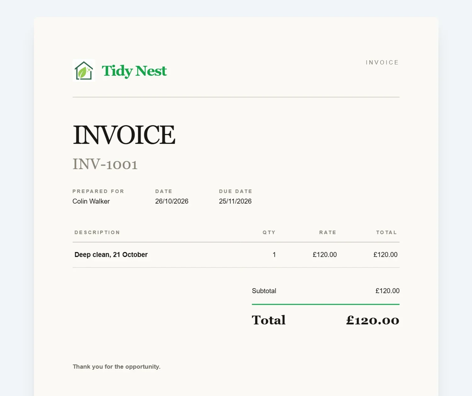 An invoice from Tidy Nest made from a finished booking, with the customer and the price filled in