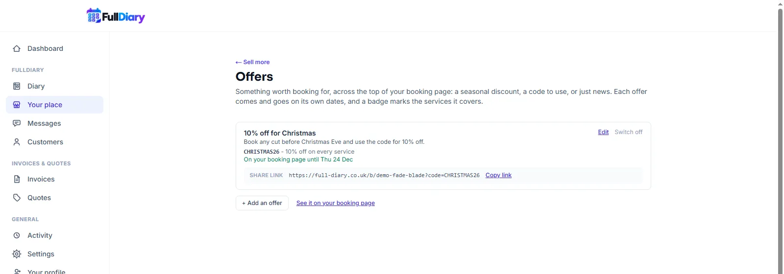 The Offers page under Your shop on a computer: the offer 10% off for Christmas, with the code CHRISTMAS26, 10% off on every service, on the booking page until Thu 24 Dec, a share link with a Copy link button, and Edit and Switch off