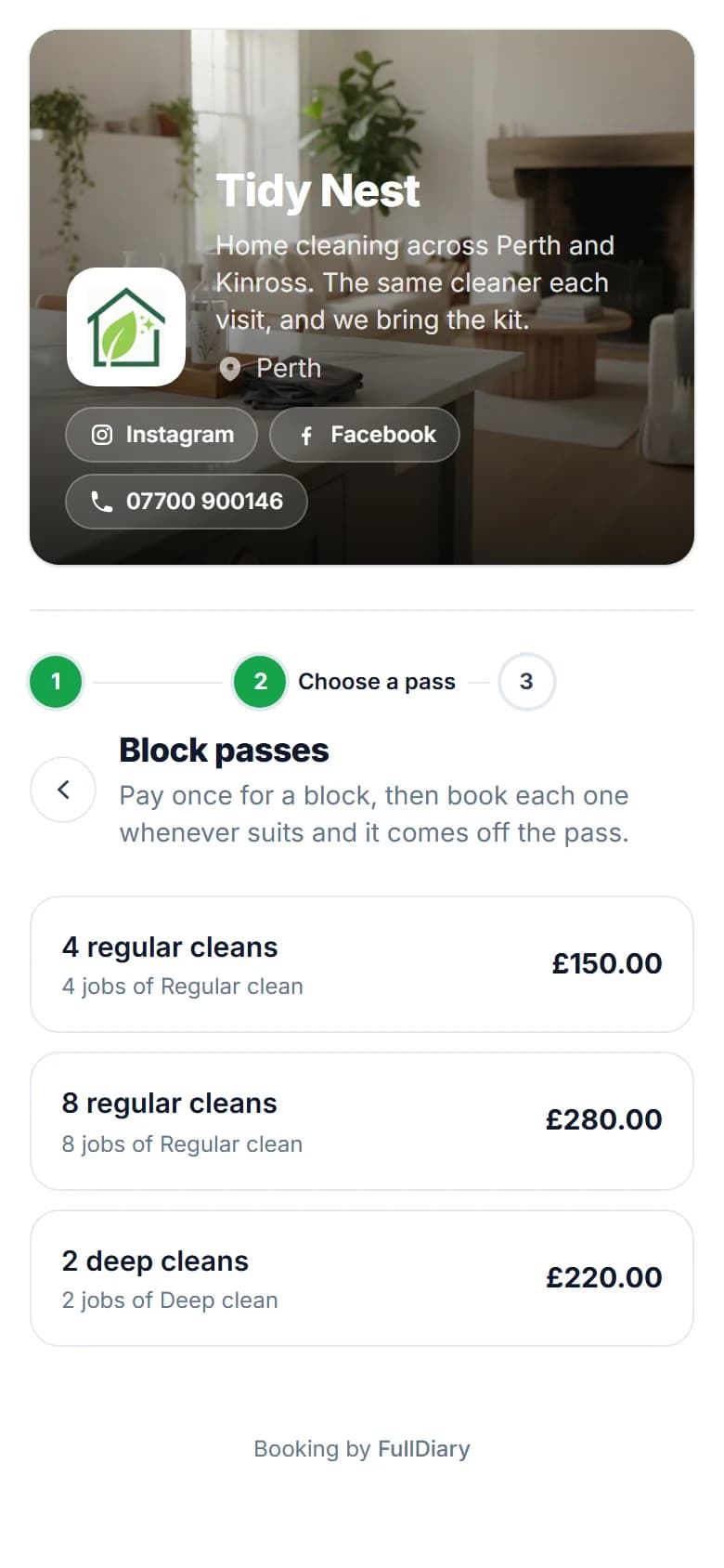 Tidy Nest's booking page on a phone, showing what can be bought up front and its price