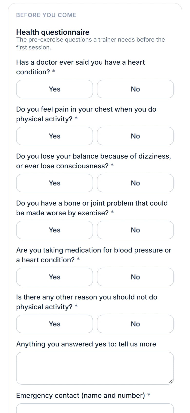 The same booking page asking a Health questionnaire under Before you come: heart condition, chest pain when active, dizziness, bone or joint problems, blood pressure medication, any other reason, each Yes or No, then an emergency contact