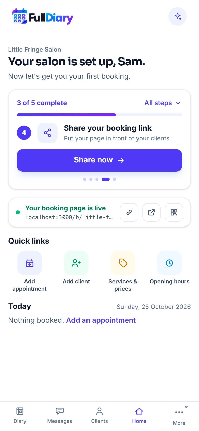 The new Home on a phone for a salon fresh from setup: 3 of 5 complete, the step Share your booking link with a Share now button, the live booking address with copy, open and QR buttons, four quick links and today