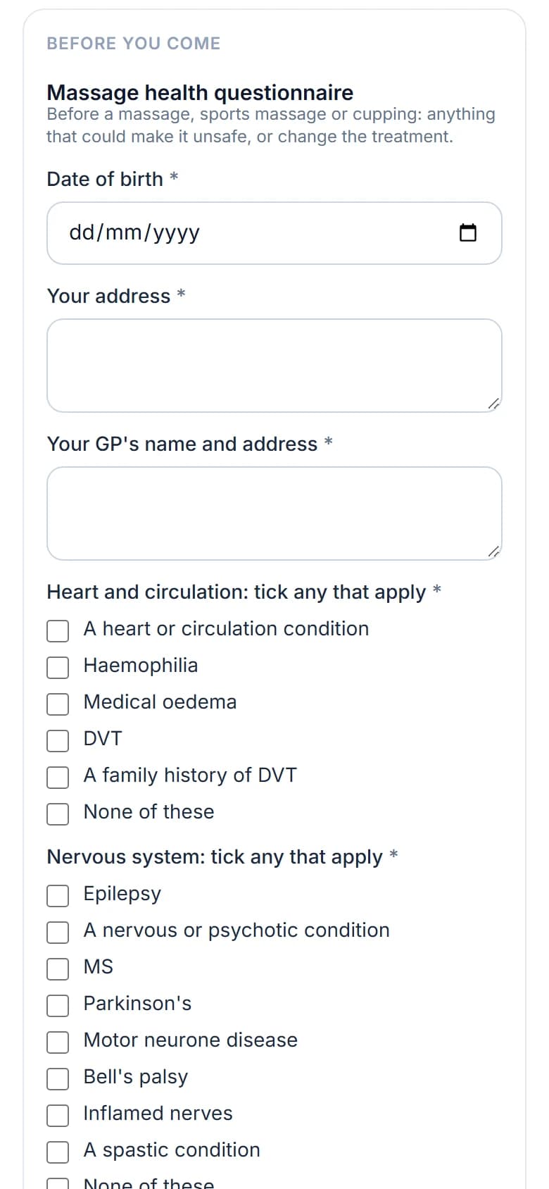 The Massage health questionnaire on a phone, asked on Stillwater Massage's booking page: date of birth, address, the client's GP, then tick lists for heart and circulation and the nervous system, each ending None of these