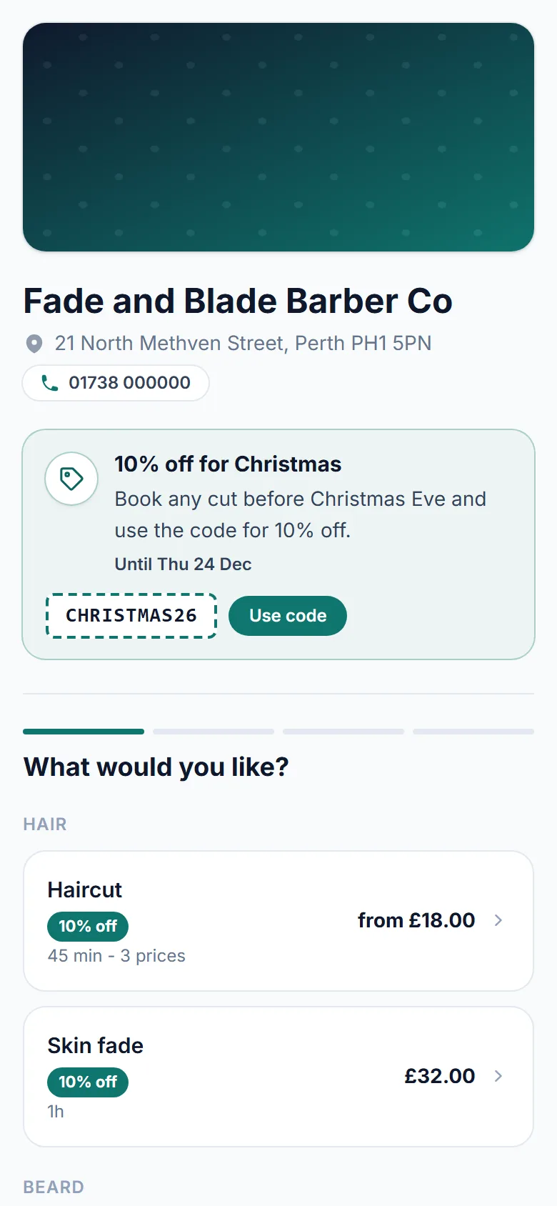 A barber's booking page on a phone with an offer across the top: 10% off for Christmas, book any cut before Christmas Eve and use the code for 10% off, until Thu 24 Dec, the code CHRISTMAS26 in a dashed box with a Use code button, and a 10% off badge on each service below