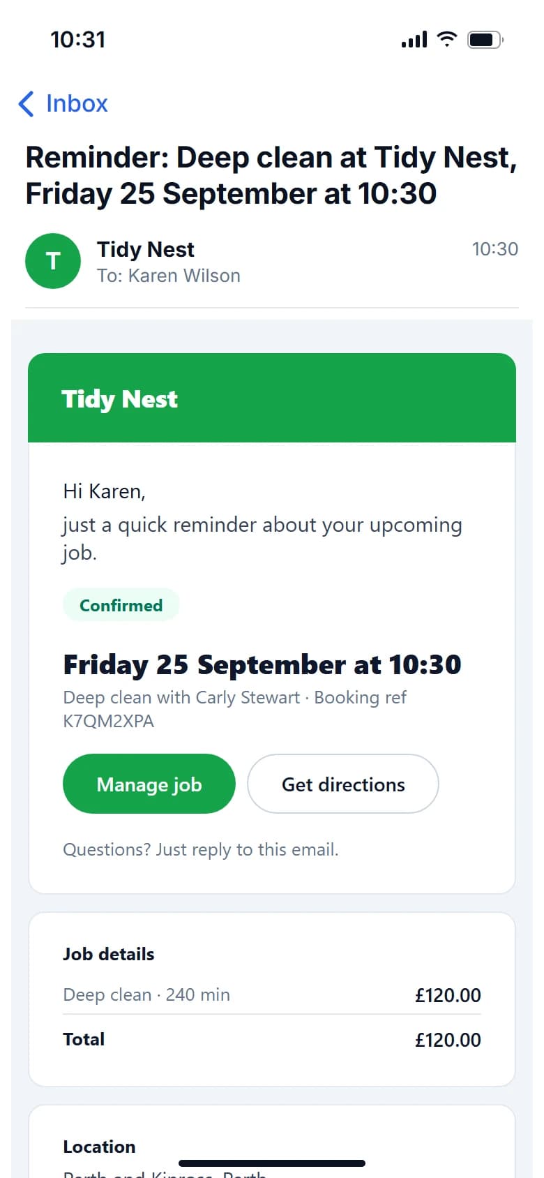 The reminder email from Tidy Nest open on a phone, with the time, who it is with and a button to manage the booking