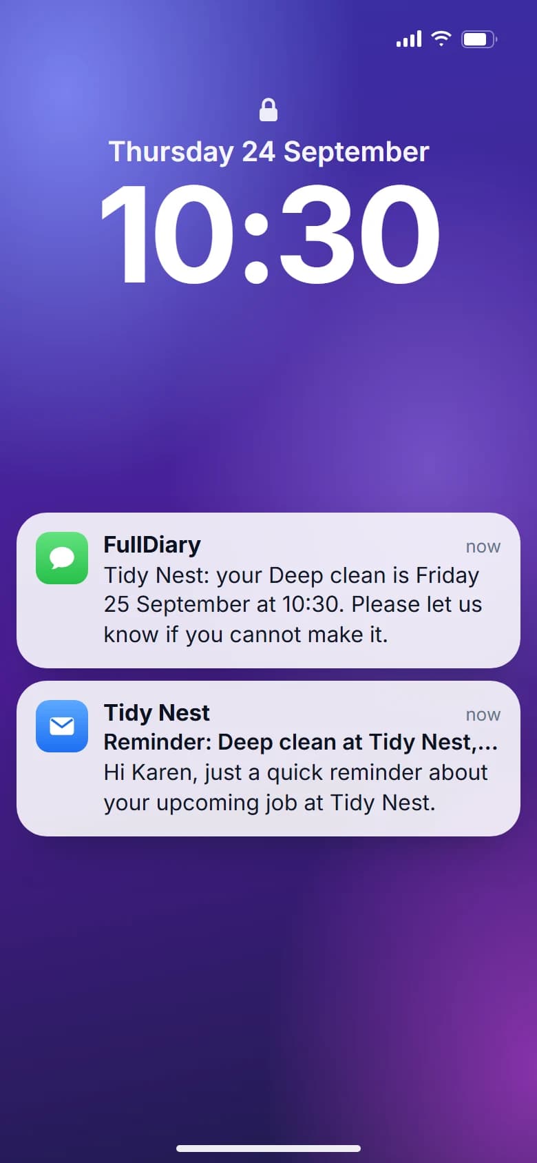 A phone's lock screen the day before: a text reminder and the reminder email from Tidy Nest