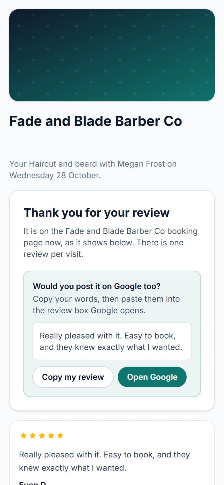 The review page on a phone after sending: Thank you for your review, it is on the Fade and Blade Barber Co booking page now, then a box asking Would you post it on Google too?, with the customer's words to copy and two buttons, Copy my review and Open Google