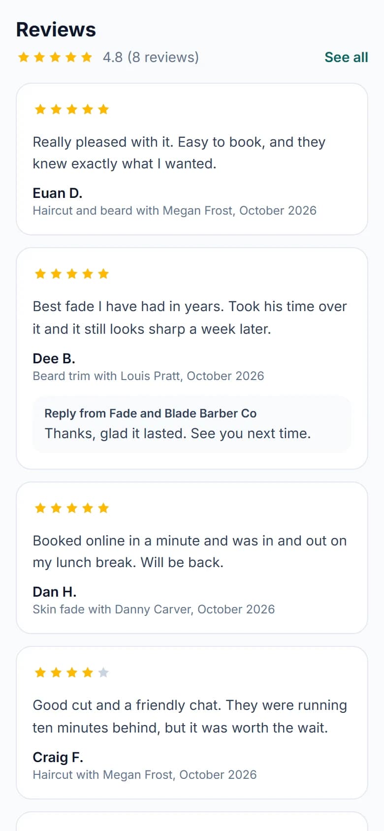 The Reviews part of Fade and Blade Barber Co's booking page on a phone: five stars and 4.8 (8 reviews) with See all, then reviews from Euan D., Dee B., Dan H. and Craig F., each with their stars, their words, the service, who did it and the month, and under Dee's a reply from the shop