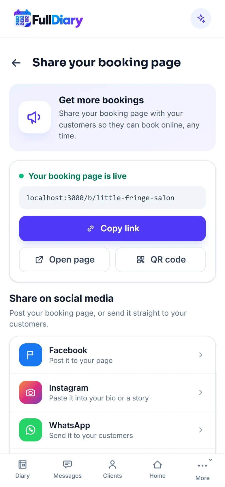 The Share your booking page screen on a phone: the live address with Copy link, Open page and QR code, then rows for Facebook, Instagram and WhatsApp